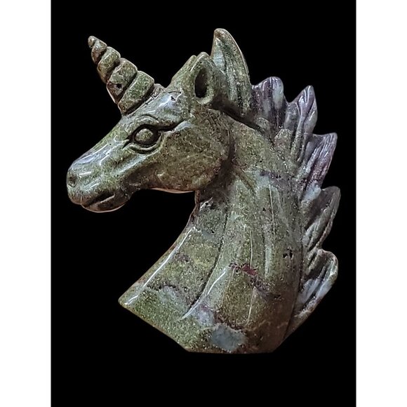 Dragon Blood Unicorn Figurine Detail Carved Gemstone Healing  Head Green Purple - Picture 12 of 16
